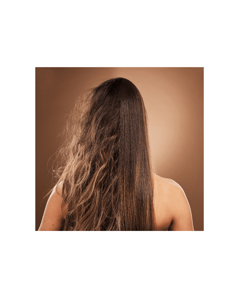 Half frizzy, half straight hair on a woman's head, demonstrating a hair treatment result.