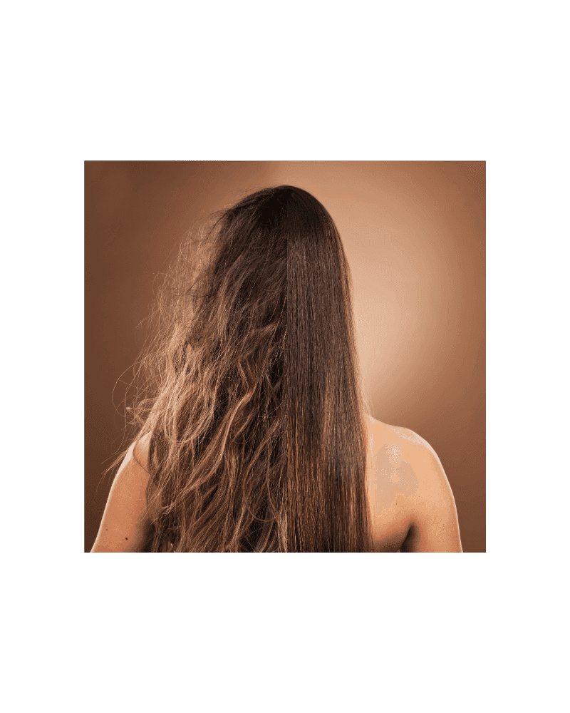 Half frizzy, half straight hair on a woman's head, demonstrating a hair treatment result.